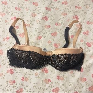 Black lace and cream satin balconette bra